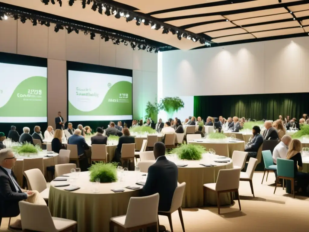 Encuentro sostenible: diversidad, innovación y armonía Gran presencia en evento sostenibilidad: asistentes diversos en interacción, redes y soluciones innovadoras en armonía ecoconsciente