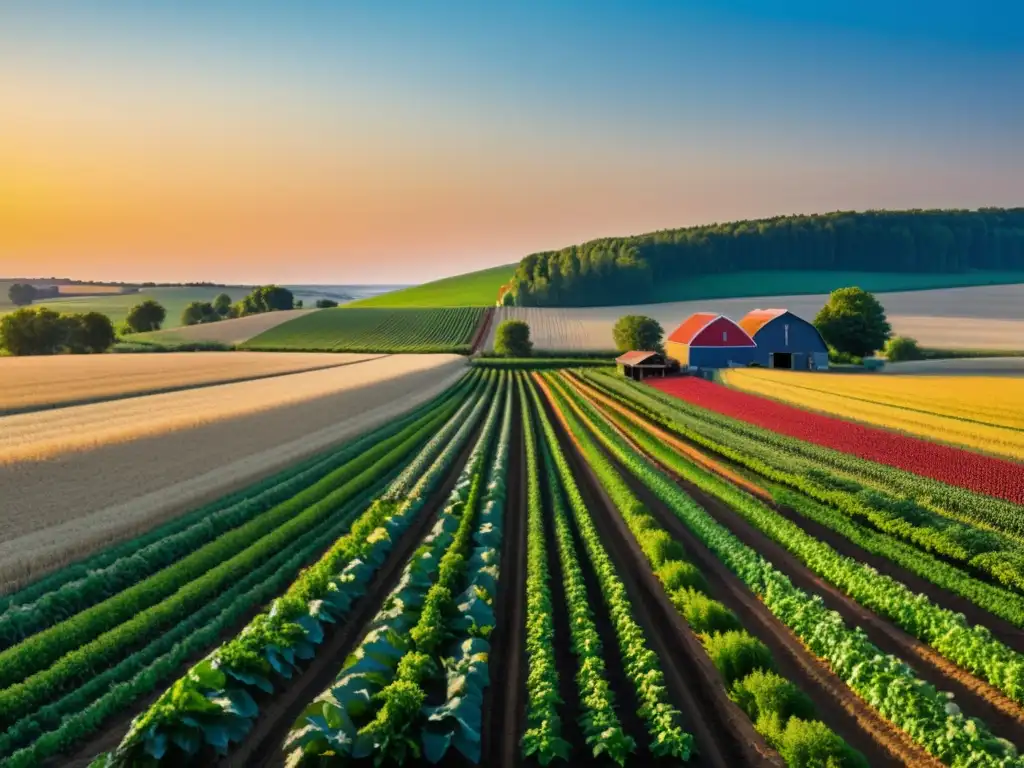 Una granja familiar con cultivos coloridos al atardecer, evocando paz y belleza natural, destacando los beneficios del apoyo a productores