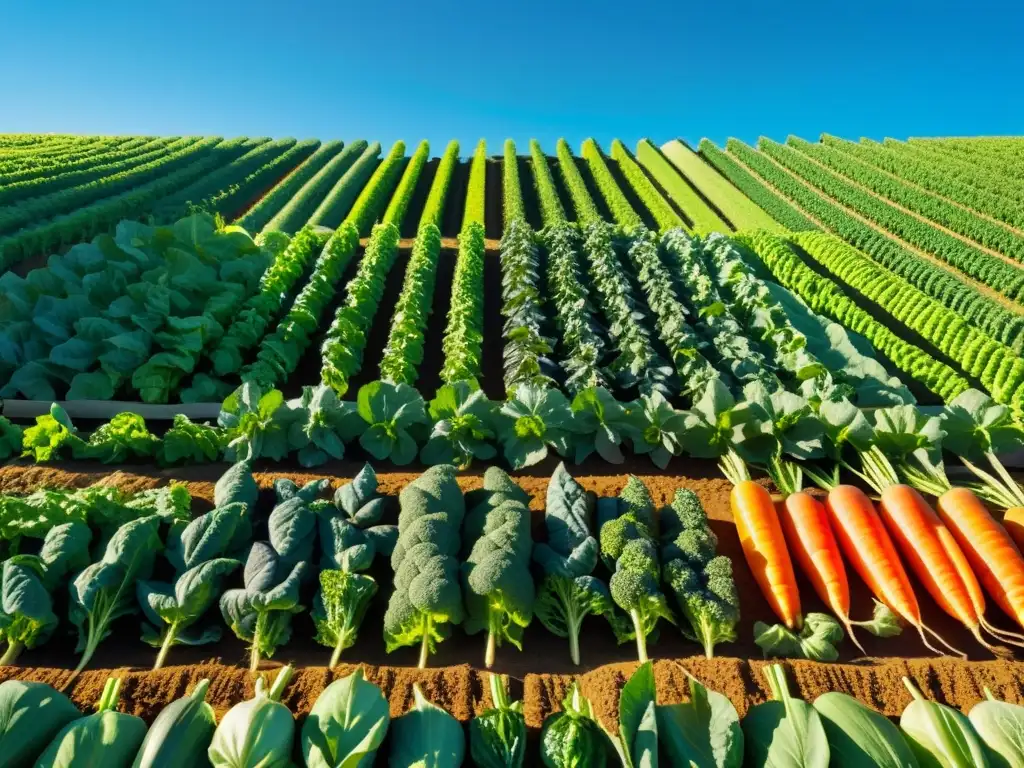 Granja orgánica: Paz y frescura en un paraíso verde Una granja orgánica llena de vegetales coloridos bajo el cielo azul