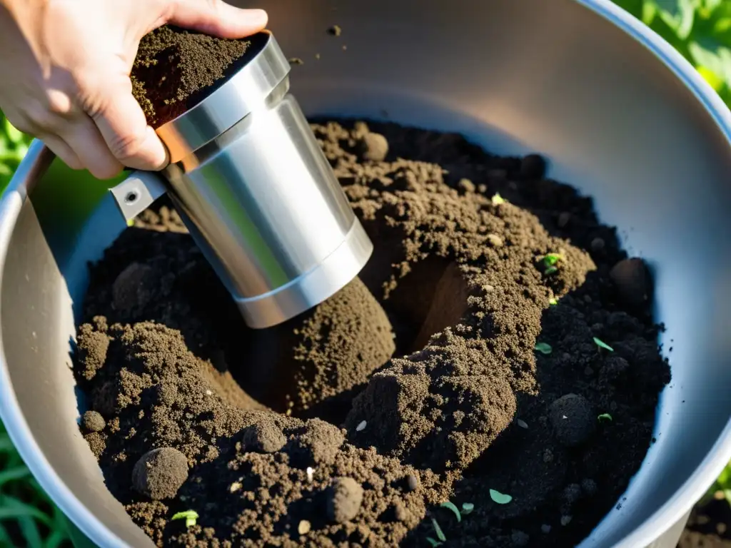 Un grinder de compostaje en acero inoxidable de alta calidad procesando residuos orgánicos en compost