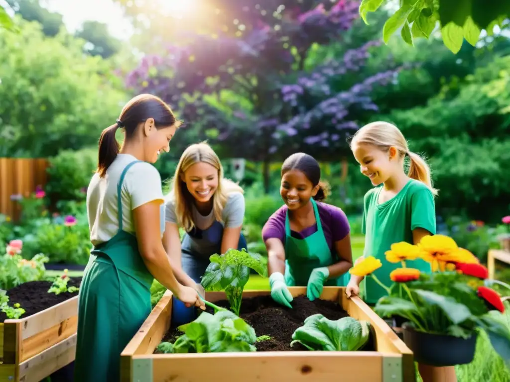 Un grupo disfruta de actividades lúdicas para entender compostaje en un jardín comunitario, rodeado de plantas y flores coloridas en un día soleado