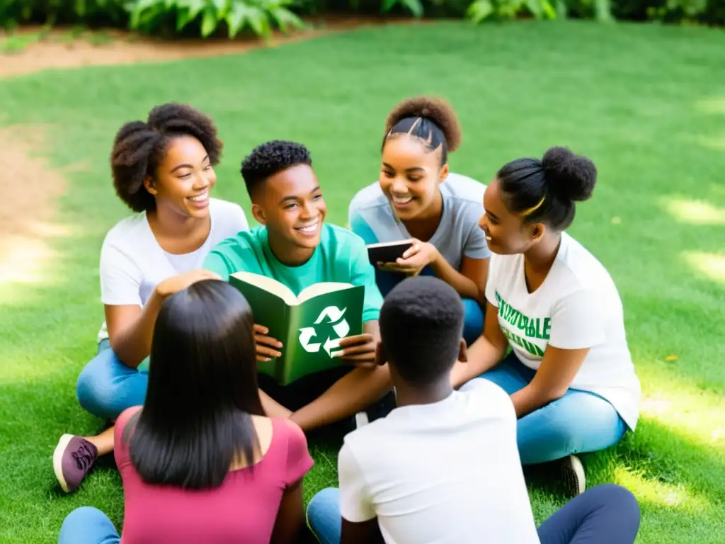 Un grupo de adolescentes diverso fomentando la sostenibilidad a través de la lectura y la conversación en un entorno natural lleno de vida