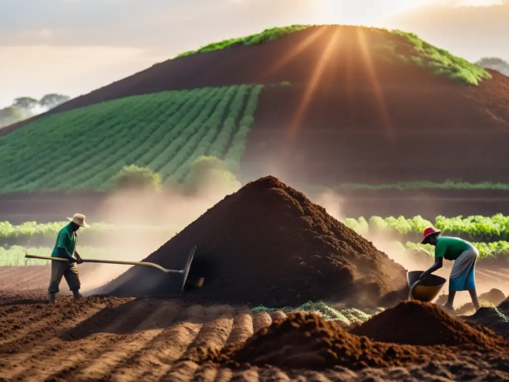 Un grupo de agricultores africanos trabajando juntos para compostar, con el rico compost humeante en primer plano y el sol africano brillante de fondo