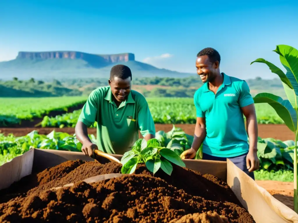 Grupo de agricultores africanos trabajando juntos en compostaje, con paisaje verde vibrante y cielo azul claro