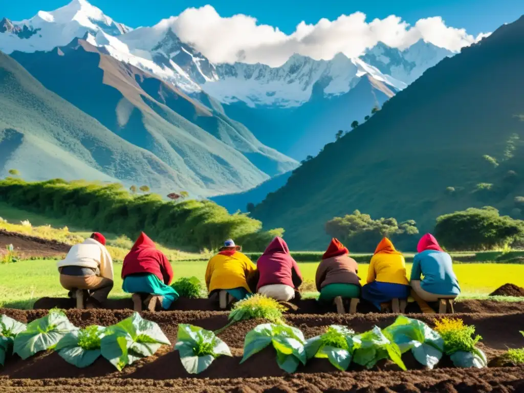 Campesinos indígenas en los Andes: compostaje ancestral Grupo de agricultores indígenas en los Andes cuidando el compostaje en altitudes elevadas, rodeados de montañas nevadas y exuberante vegetación