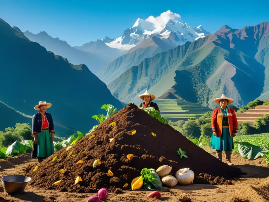 Campesinos andinos creando compost en la montaña Un grupo de agricultores indígenas en los Andes creando compostaje en altitudes elevadas, con montañas imponentes y un cielo azul de fondo