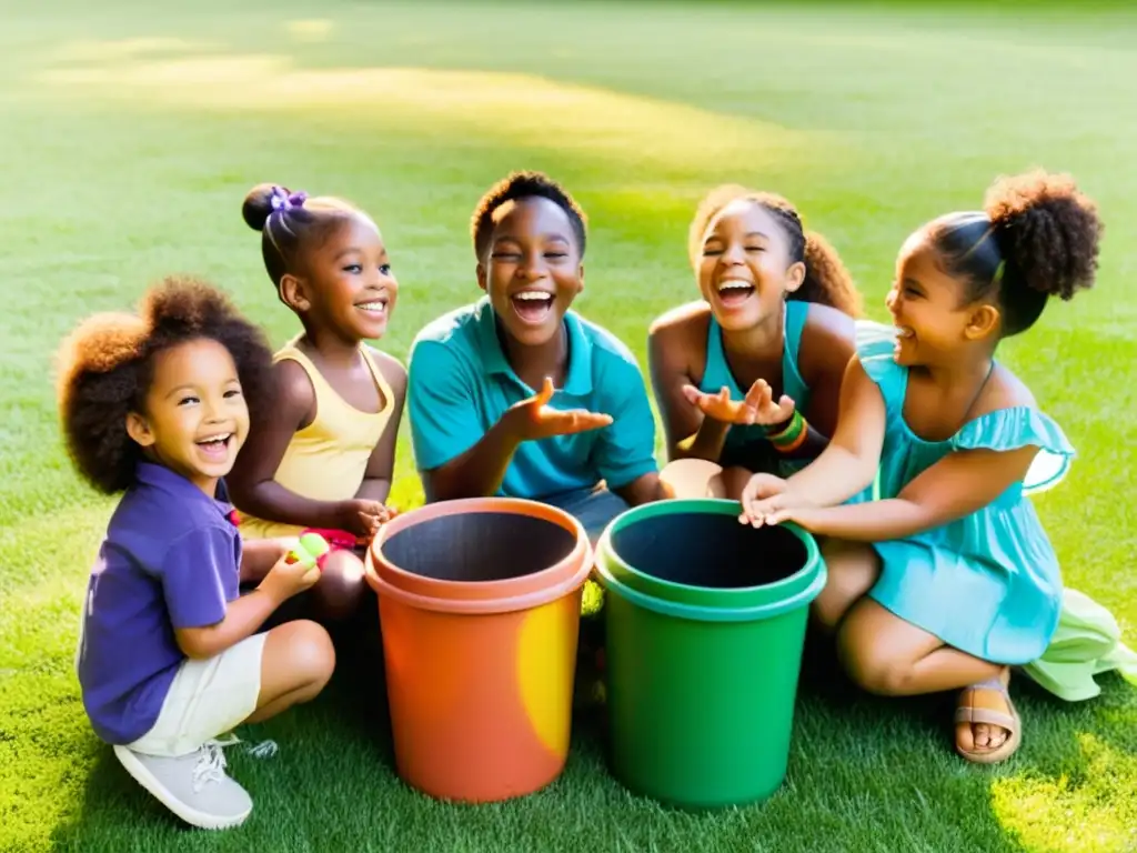 Un grupo alegre de niños canta y toca instrumentos en un jardín colorido rodeado de contenedores de reciclaje