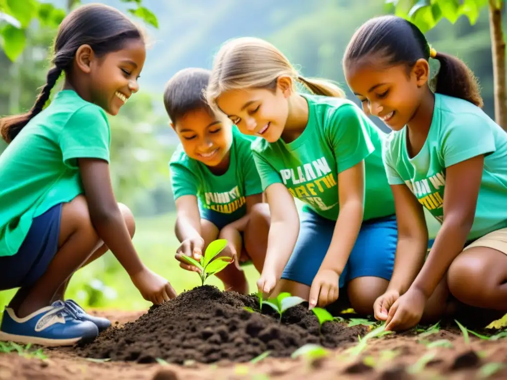 Un grupo de niños planta árboles en un bosque exuberante, vistiendo camisetas coloridas con consignas ambientales