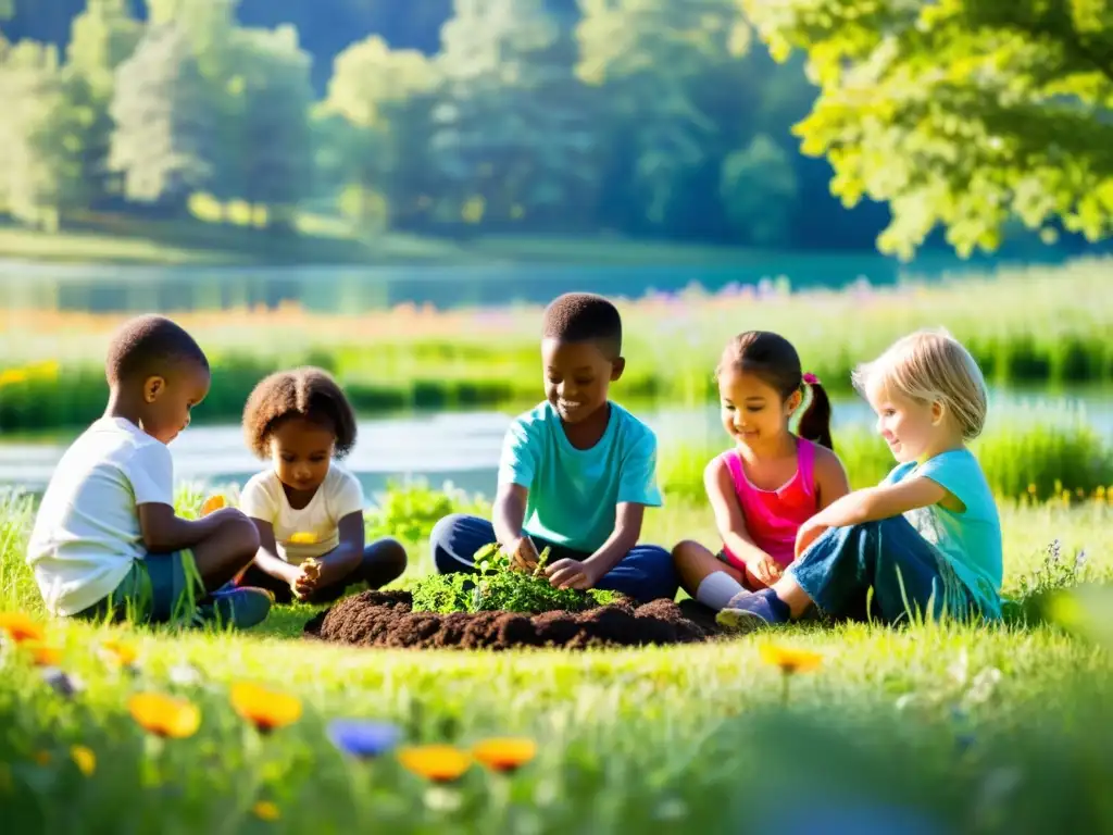 Un grupo de niños planta árboles en un campo, rodeados de naturaleza