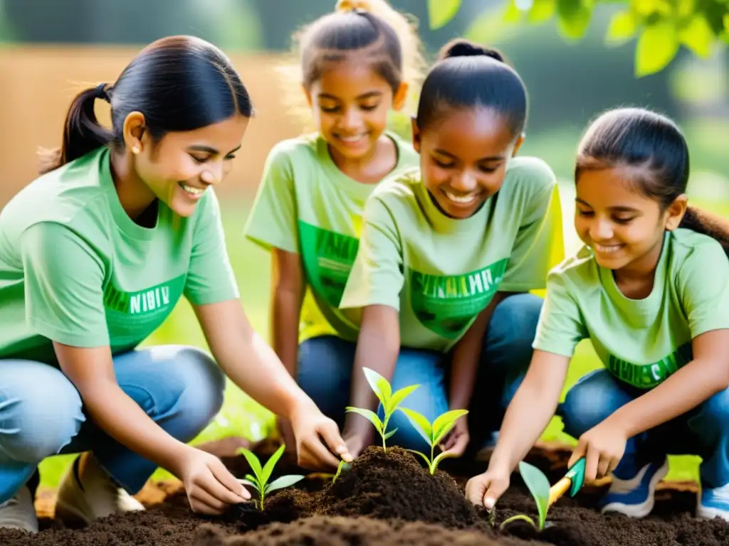 Un grupo de niños planta árboles en un parque, mostrando liderazgo ambiental y trabajo en equipo en un entorno natural vibrante