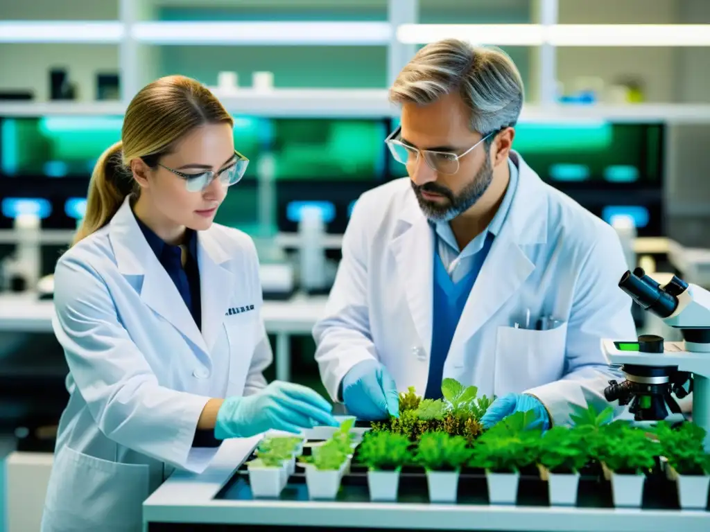 Grupo de científicos en laboratorio analizando muestras de plantas bajo microscopio, revelando estructuras celulares y colores vibrantes