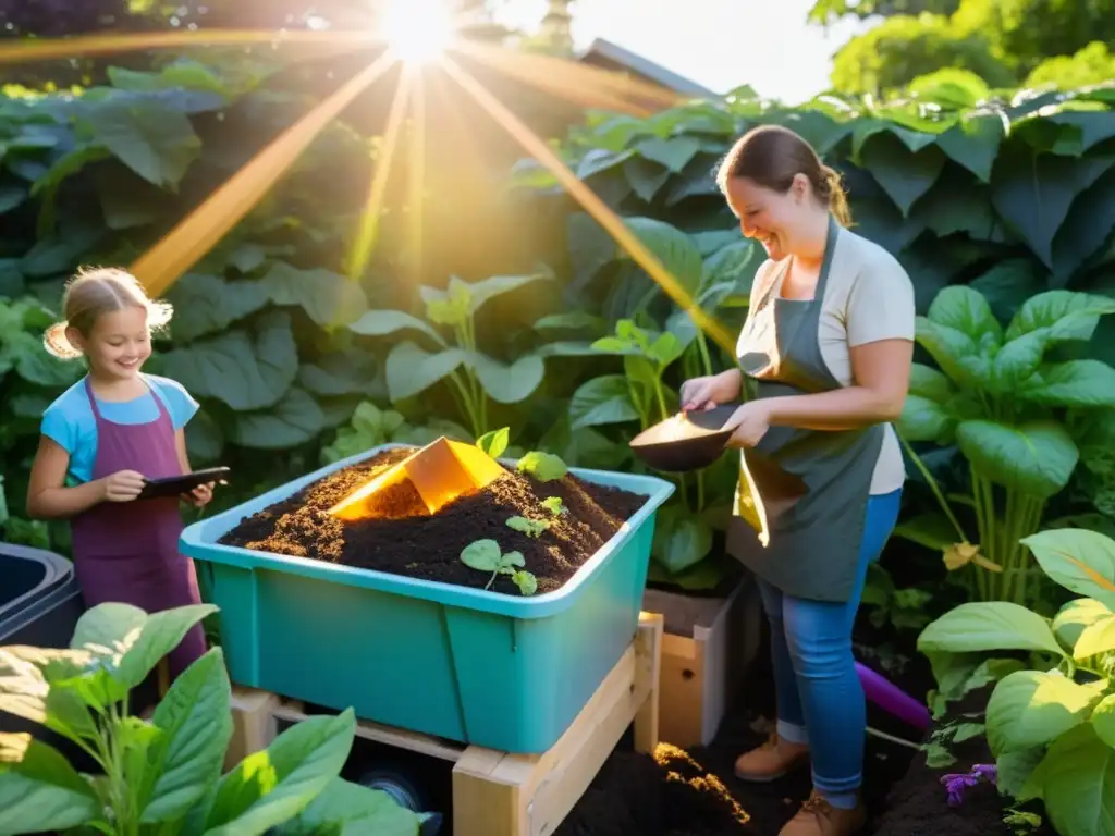 Grupo colaborativo disfruta actividades lúdicas para entender compostaje en un jardín exuberante y vibrante