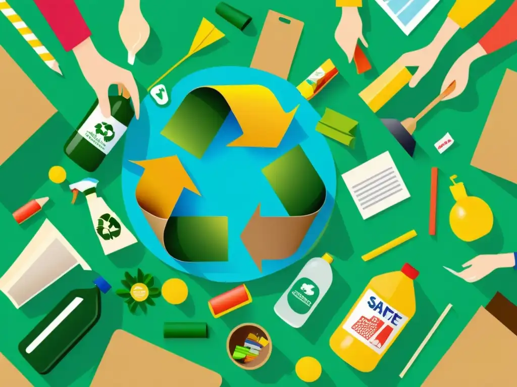 Grupo colaborativo de niños y adultos clasificando y reciclando residuos en un ambiente cálido y educativo