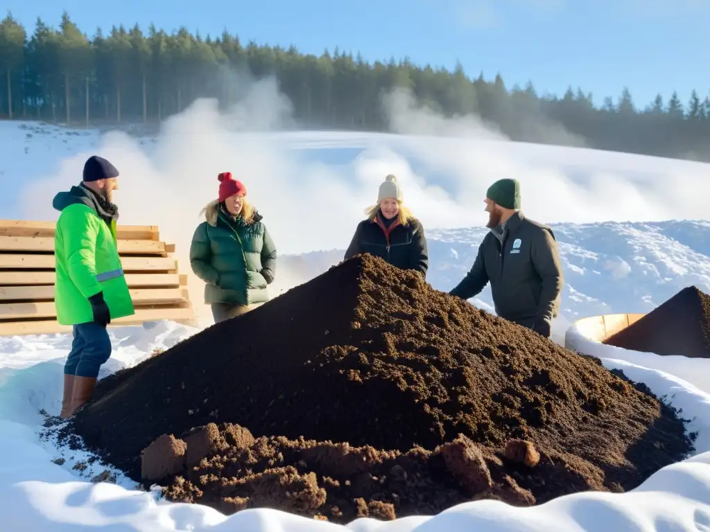 Un grupo colaborativo de personas en climas fríos de Escandinavia trabajando juntos para compostaje, rodeados de nieve y árboles