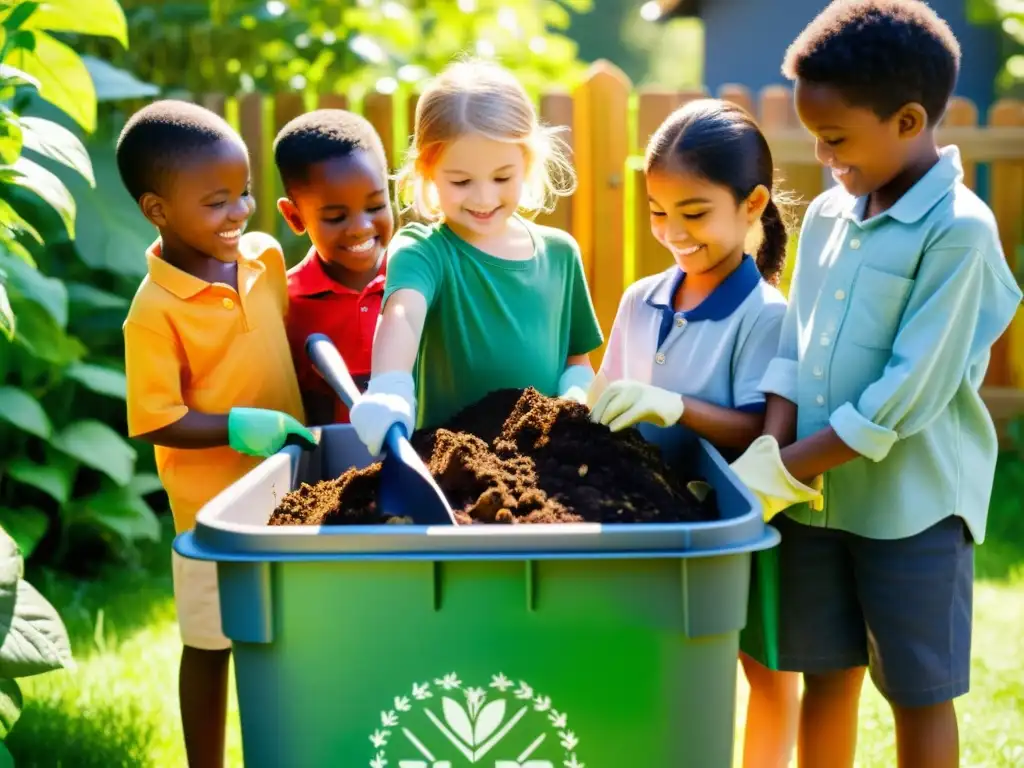 Un grupo de niños aprende sobre compostaje en un jardín exuberante