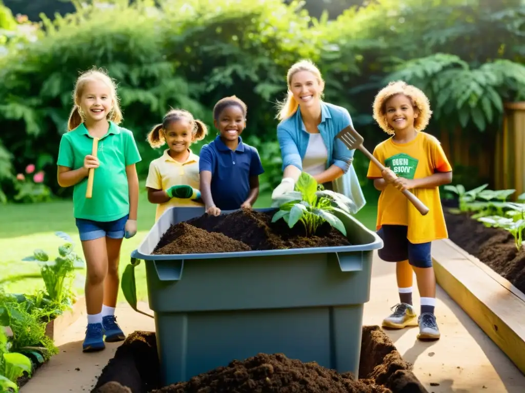 Un grupo de niños aprende sobre compostaje en un jardín