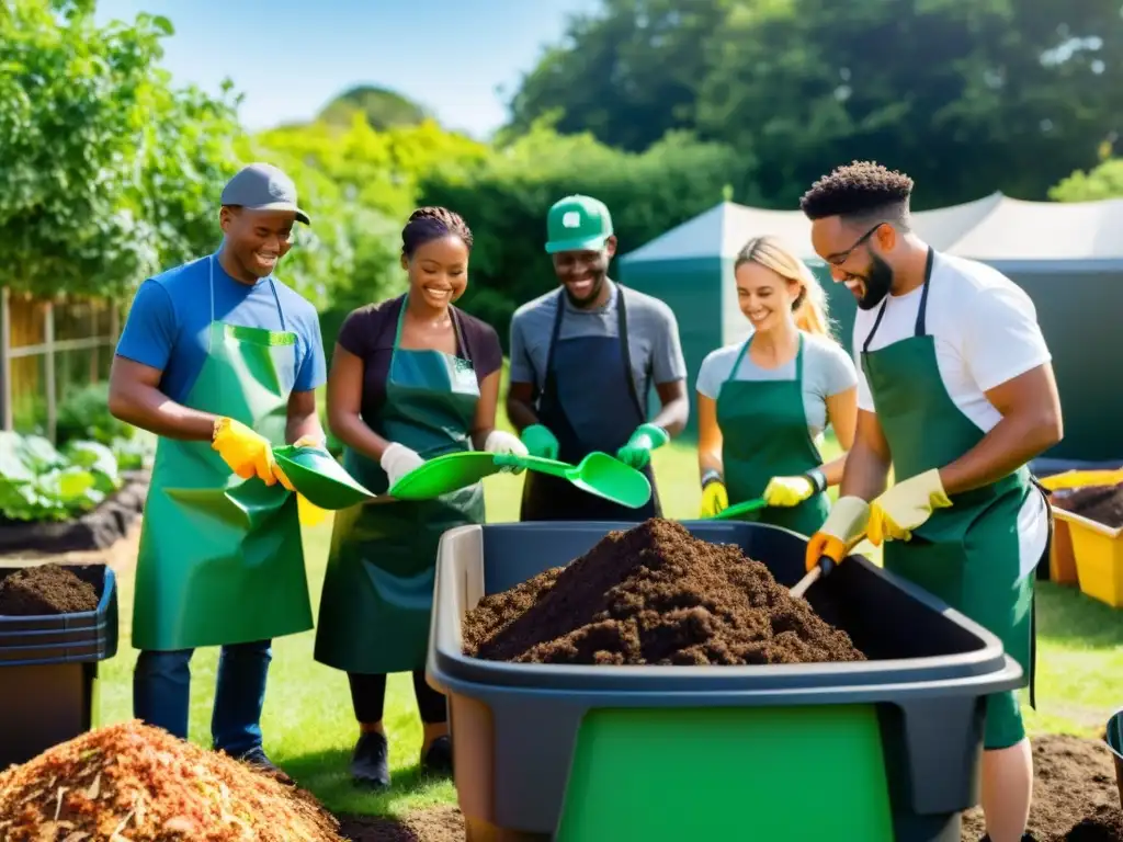 Un grupo diverso disfruta de actividades de rol en un jardín comunitario, fomentando la responsabilidad ambiental