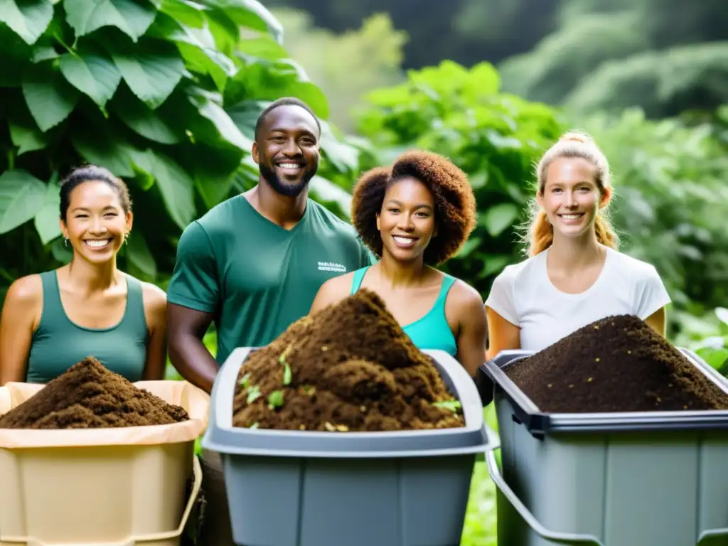 Un grupo diverso colabora en un área de compostaje, rodeado de vegetación