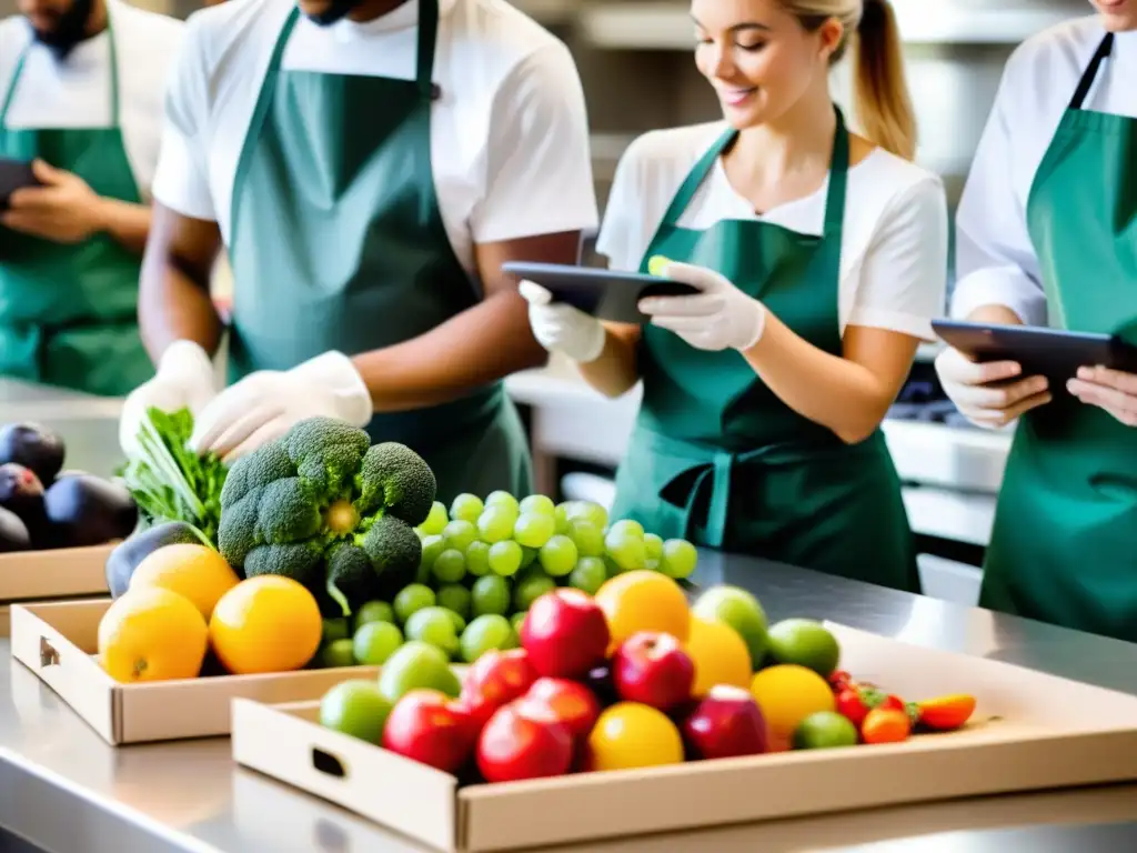 Un grupo diverso en una cocina moderna colabora para reducir desperdicios alimentación, empaquetando alimentos frescos