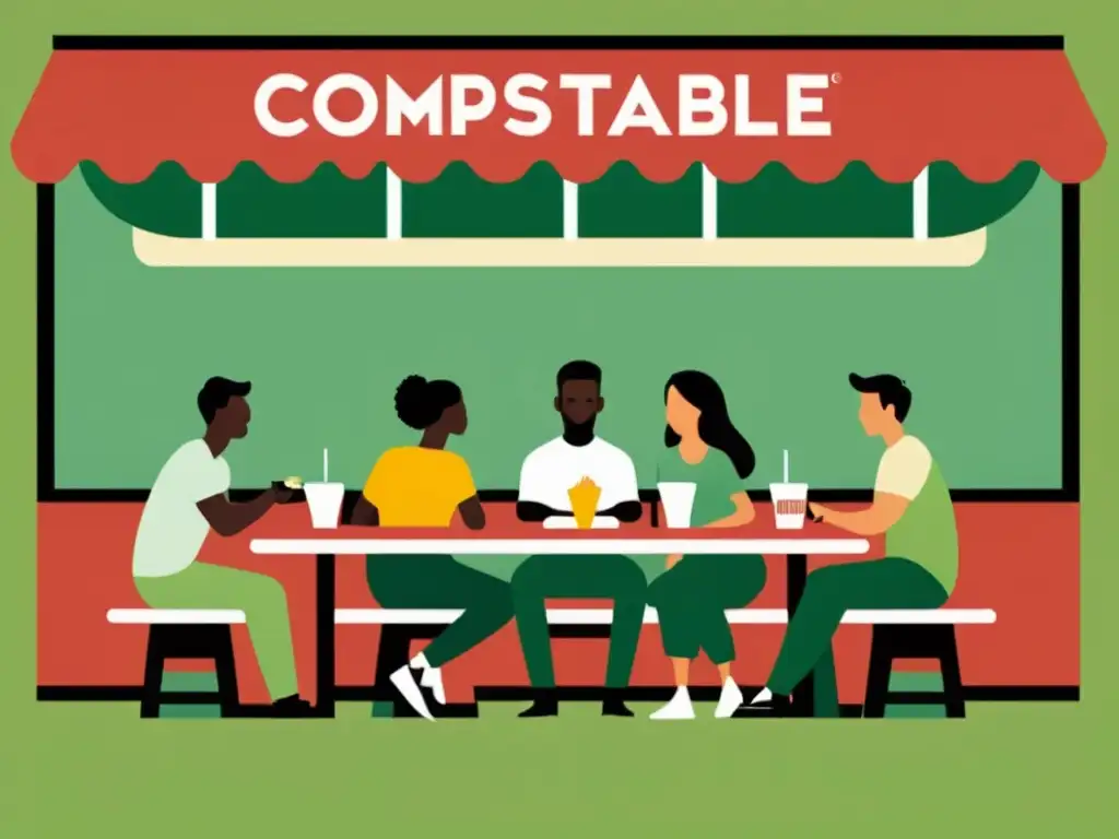 Un grupo diverso disfruta de una comida en un restaurante de comida rápida con prácticas sostenibles de compostaje