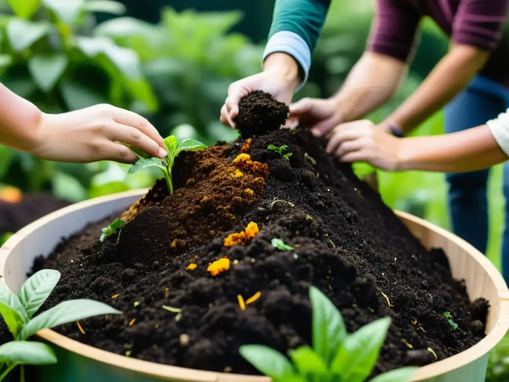 Grupo diverso cuidando compost en jardín exuberante, evocando colaboración y sostenibilidad