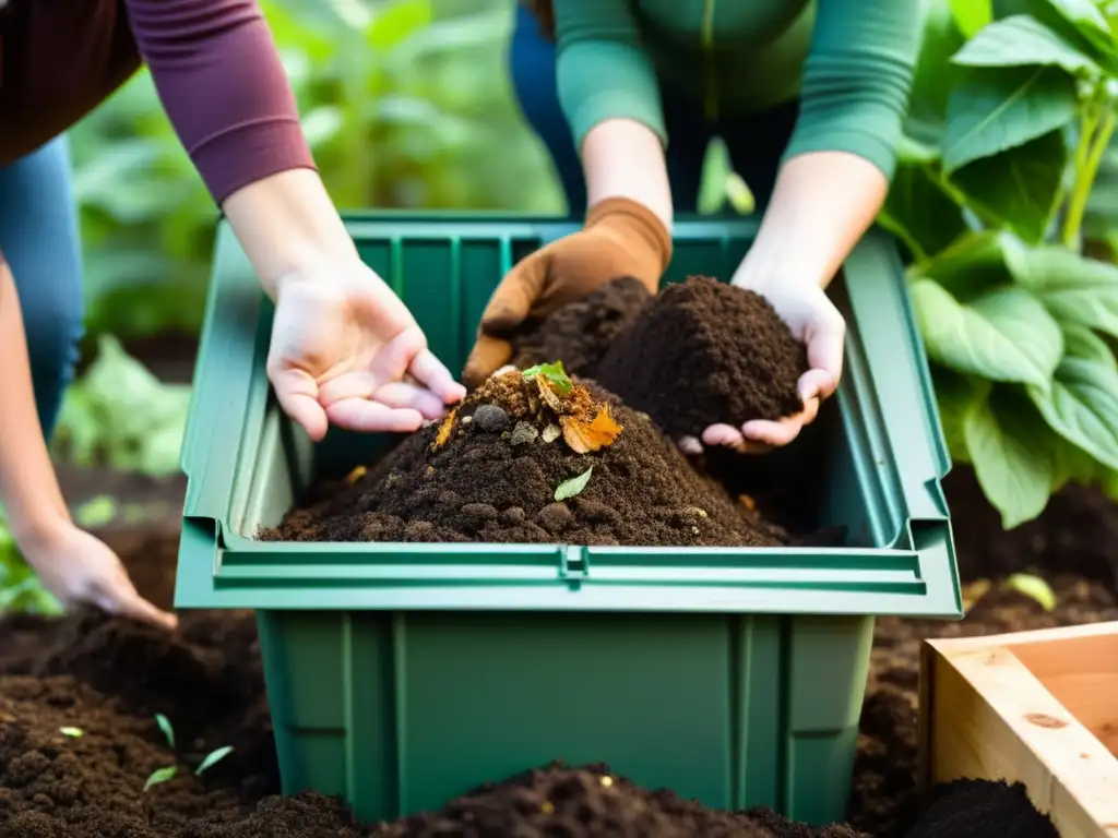 Compostaje colaborativo: creando suelo nutritivo Un grupo diverso crea compost con materiales orgánicos, destacando historias de compostaje en catering