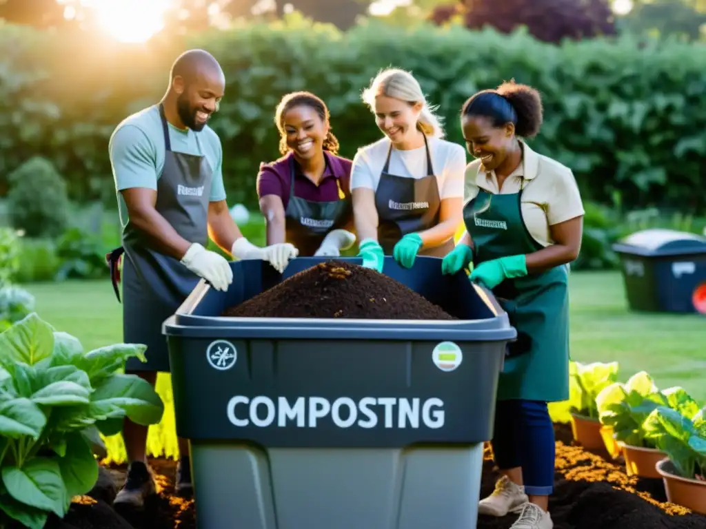 Un grupo diverso cuida el compostaje en comunidad al atardecer