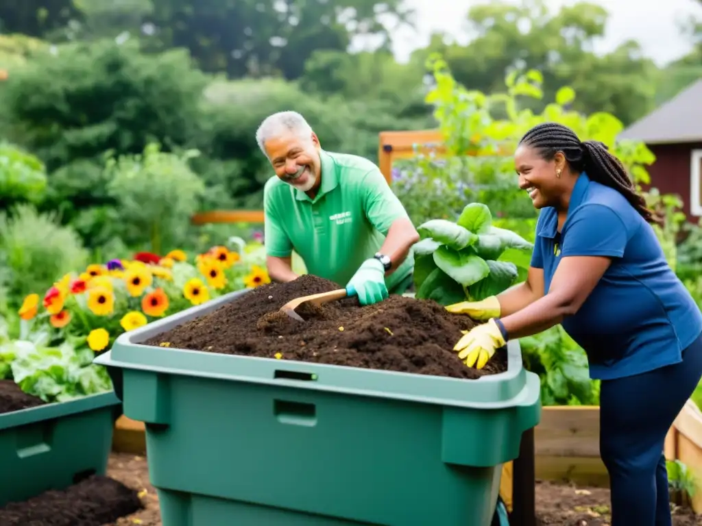 Grupo diverso colabora en compostaje comunitario para reducir residuos en jardín vibrante de comunidad