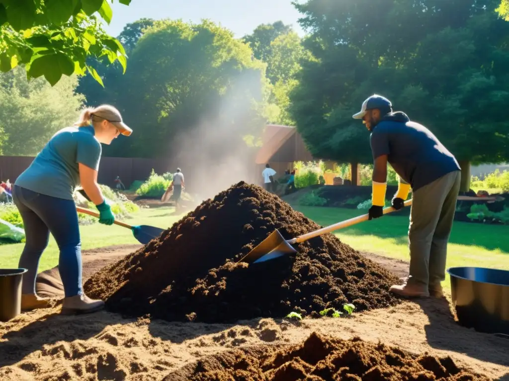 Grupo diverso aerando compostaje comunitario sostenible vecinal en jardín comunitario, promoviendo la colaboración y la sostenibilidad ambiental