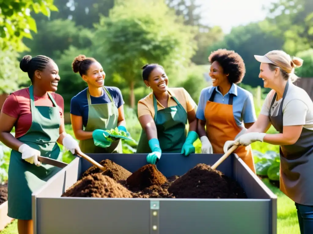 Grupo diverso atiende compostaje en jardín comunitario, mostrando colaboración y cuidado