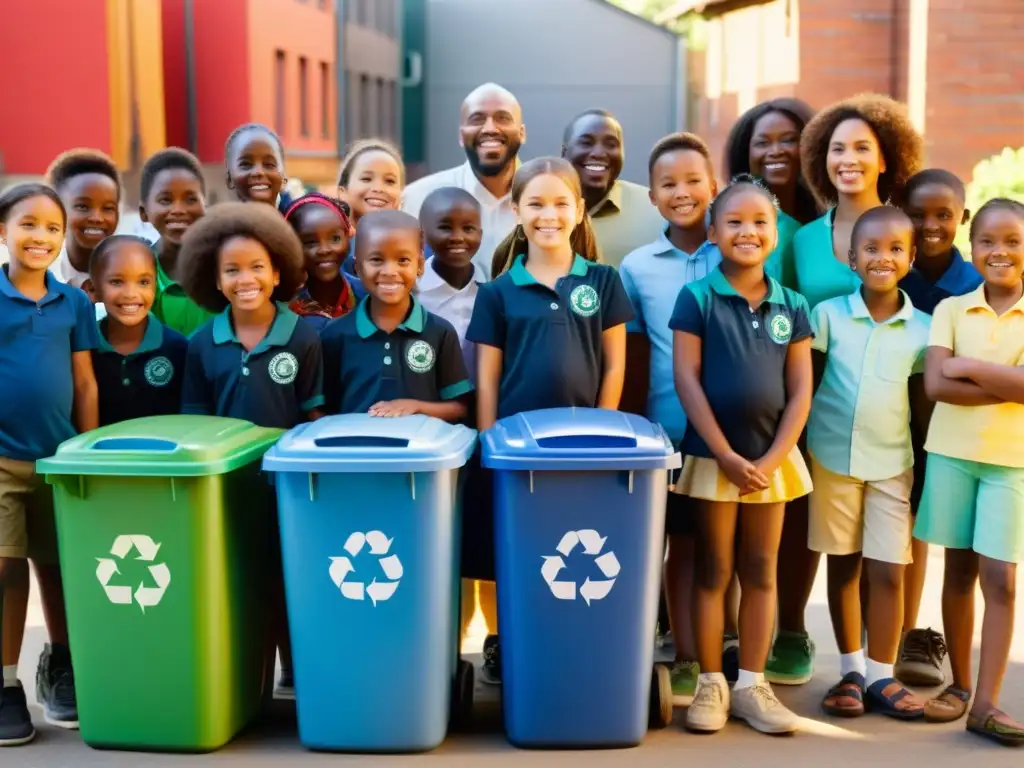 Grupo diverso de la comunidad sonriente junto a contenedores de reciclaje, mostrando beneficios empresa reciclaje comunidad