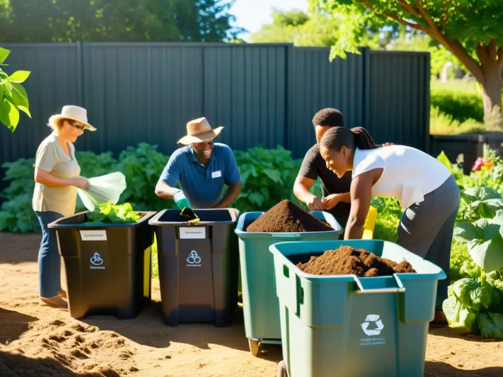 Grupo diverso en jardín comunitario, cuidando compostaje y reciclaje