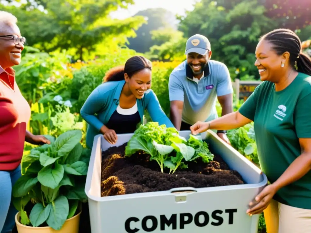 Grupo diverso en jardín comunitario, compostaje en comunidades sostenibles, trabajo en equipo y entusiasmo en la creación de compostaje colectivo