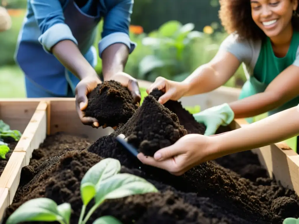 Un grupo diverso colabora en un jardín comunitario, fomentando el compostaje