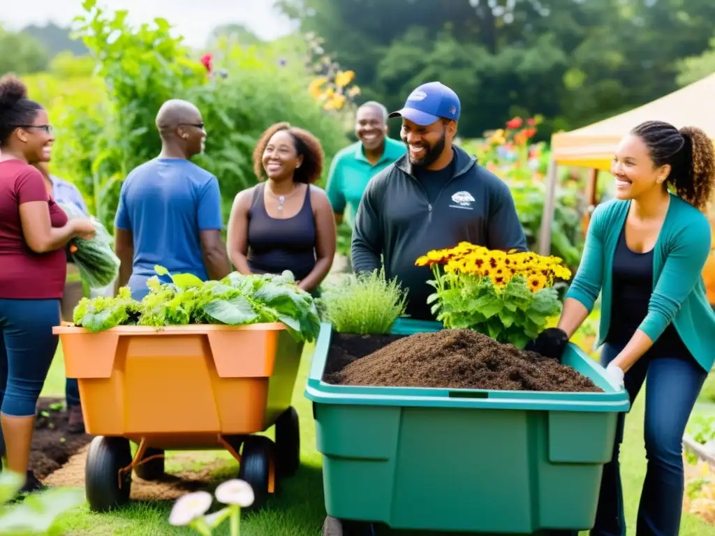 Grupo diverso cuida jardín comunitario, promoviendo compostaje y reciclaje en eventos ecológicos