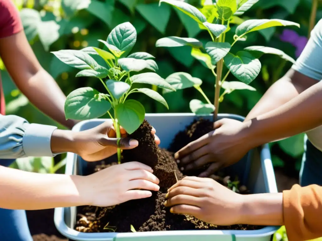 Un grupo diverso colabora en un jardín comunitario, compartiendo conocimientos sobre compostaje