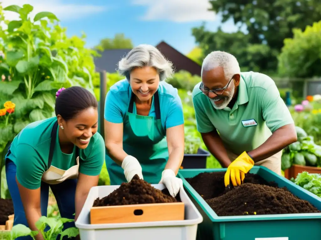 Un grupo diverso colabora en un jardín comunitario, compartiendo conocimientos sobre compostaje