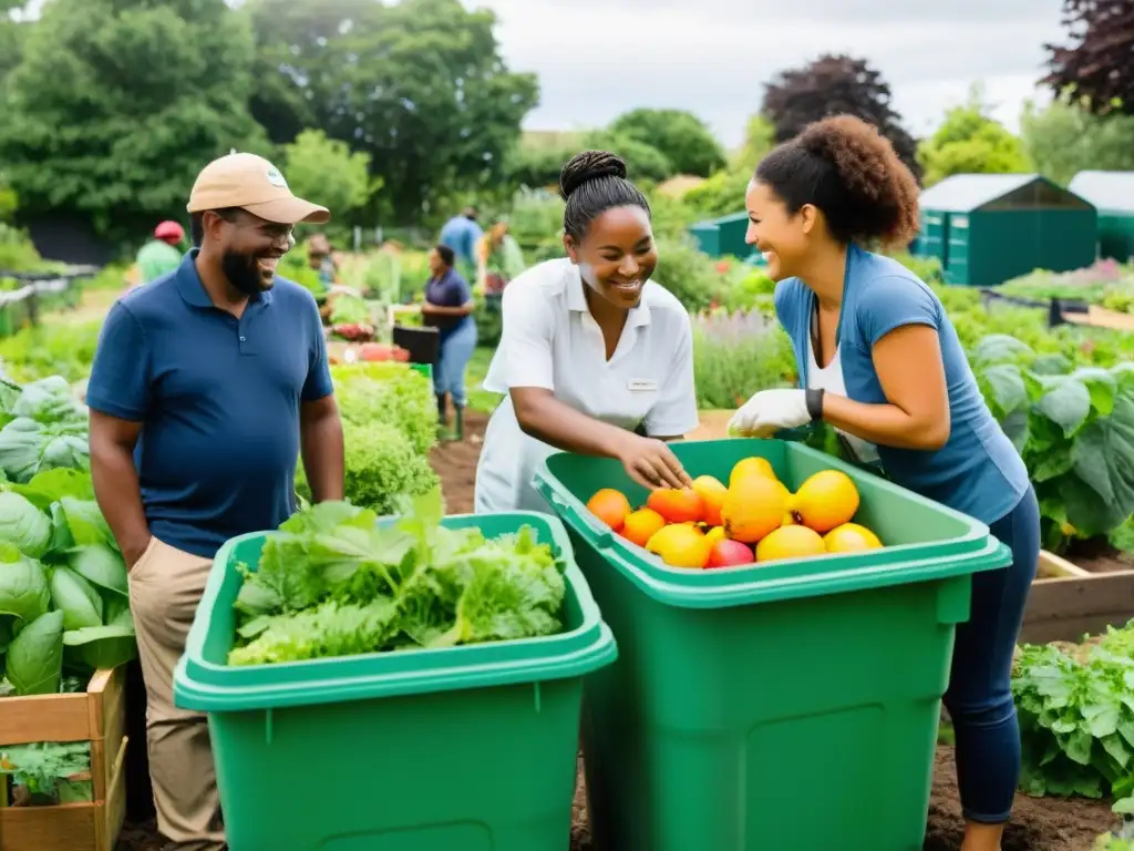 Un grupo diverso colabora en un jardín comunitario, compostando desechos orgánicos y reciclando