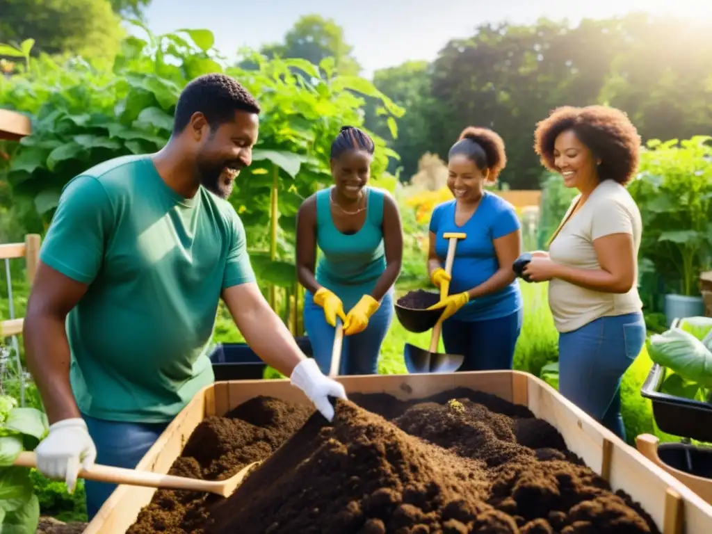 Un grupo diverso trabaja en un jardín comunitario, compostando desechos orgánicos bajo el sol