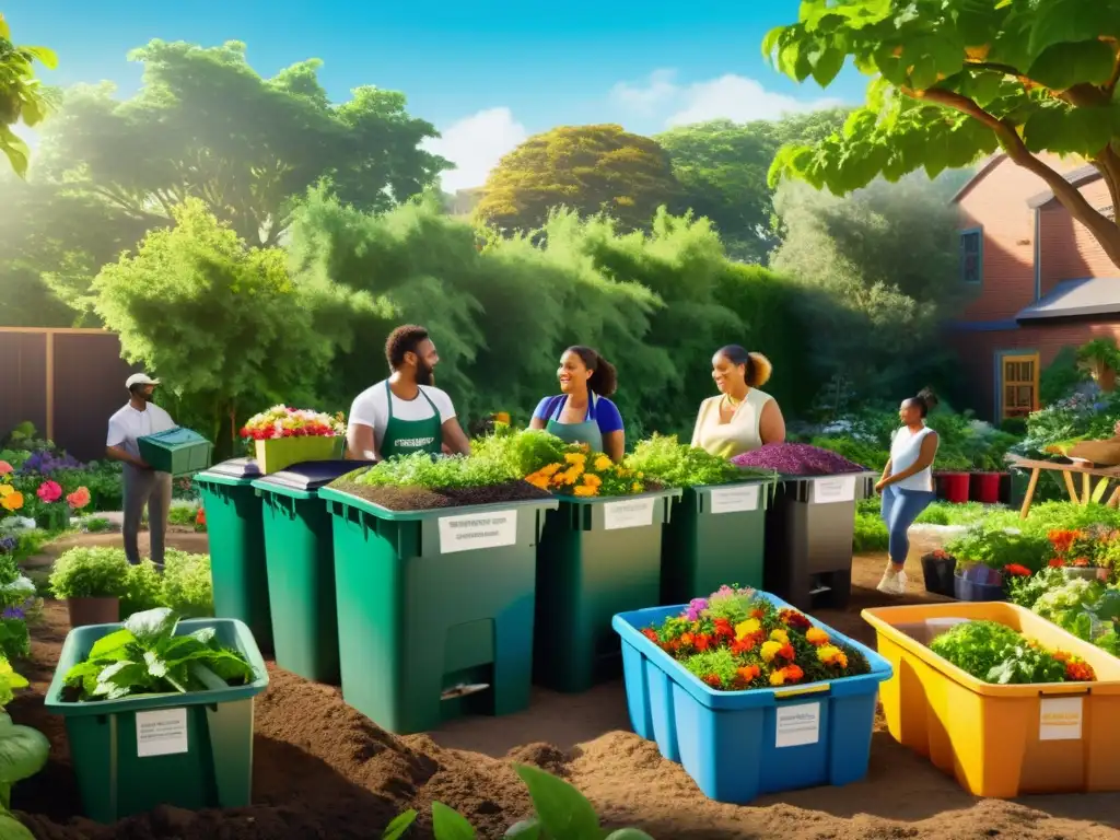 Comunidad diversa colabora en huerto sustentable Un grupo diverso trabaja en un jardín comunitario, rodeado de vegetación exuberante y flores coloridas