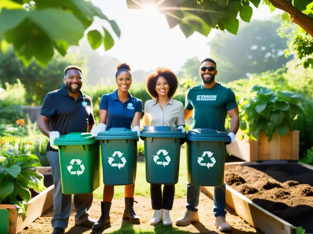 Un grupo diverso sostiene contenedores de reciclaje en un jardín comunitario