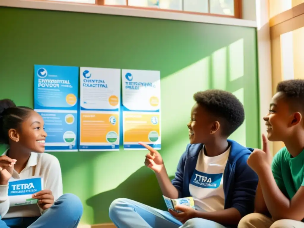 Un grupo diverso de estudiantes participa en un animado debate sobre la importancia del reciclaje de Tetra Pak, sosteniendo envases y señalando carteles educativos