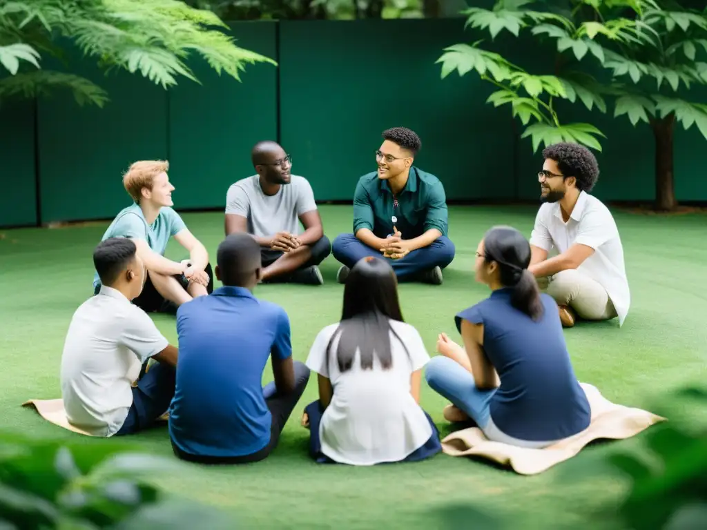 Grupo diverso de estudiantes dialogando sobre foros estudiantiles sostenibilidad residuos en un entorno sereno y verde