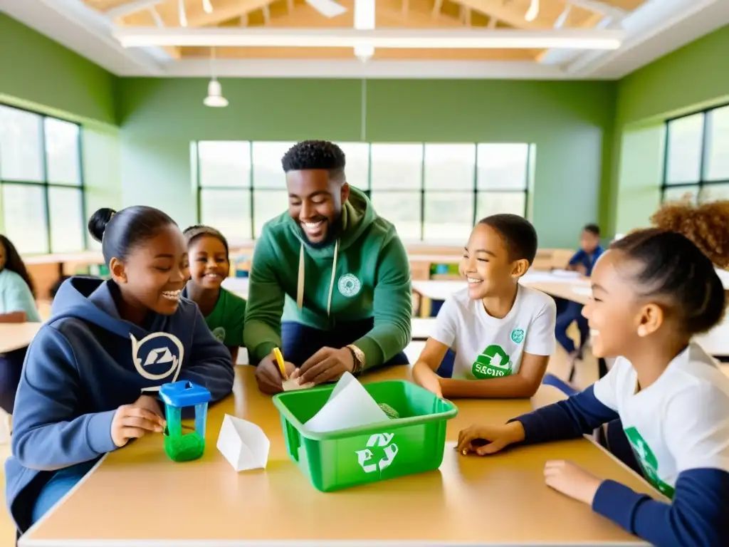 Grupo diverso de estudiantes colaborando en proyectos escolares economía circular en aula moderna y luminosa, rodeados de materiales reciclables