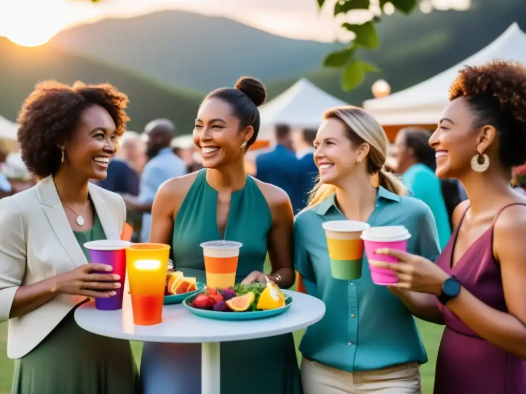 Grupo diverso disfruta de evento al aire libre con reciclaje eficiente de plásticos en una atmósfera festiva al atardecer