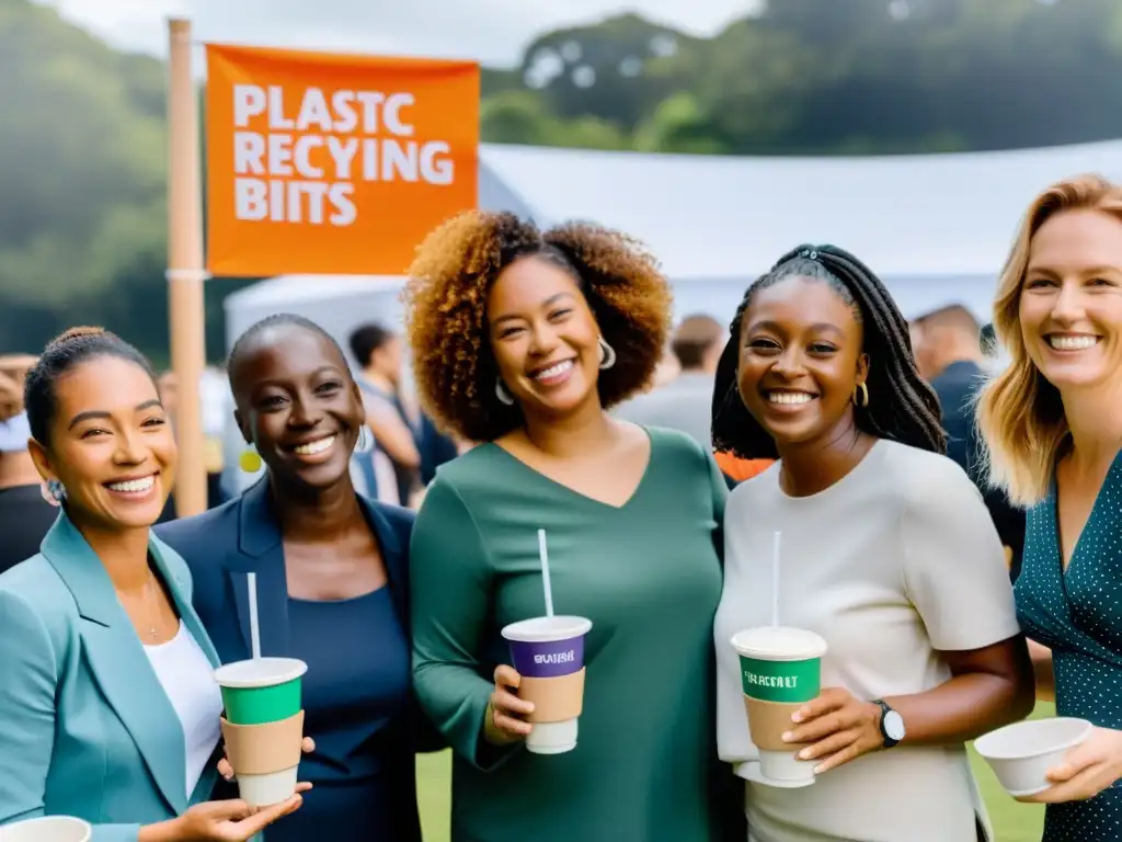 Grupo diverso en evento festivo al aire libre, promoviendo reciclaje eficiente plásticos en fiestas con sonrisas y sostenibilidad