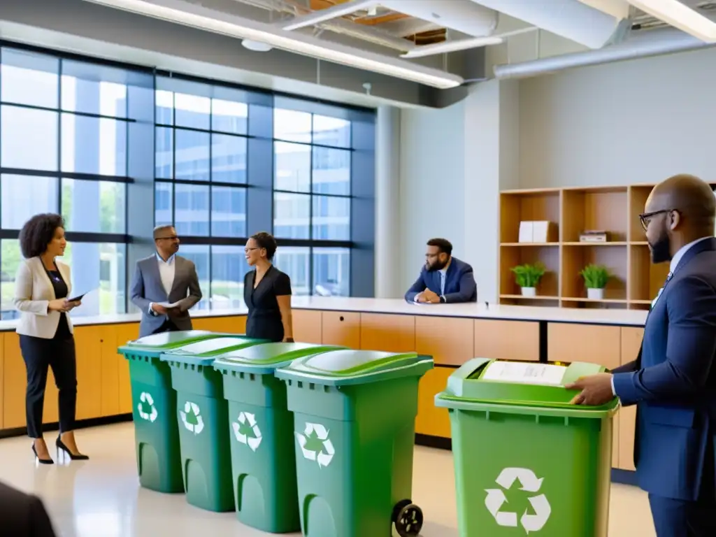 Grupo diverso en formación en franquicias de reciclaje, participando activamente en dinámica sesión de entrenamiento colaborativo