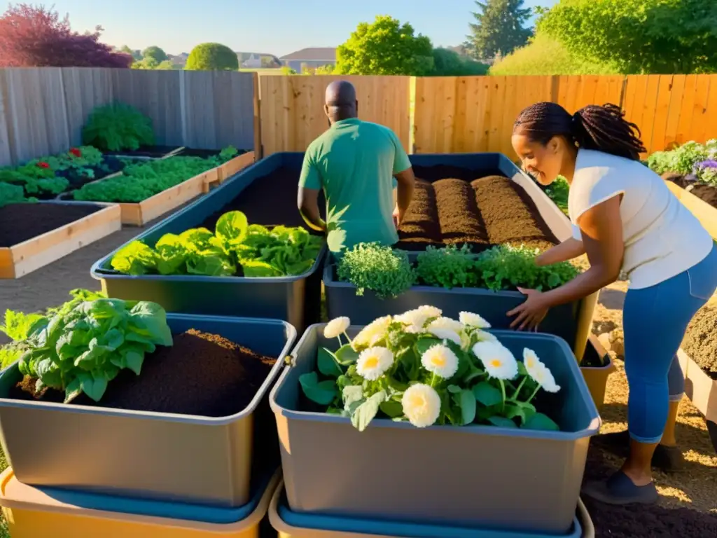 Un grupo diverso cuida un gran montón de compost en un huerto comunitario al atardecer