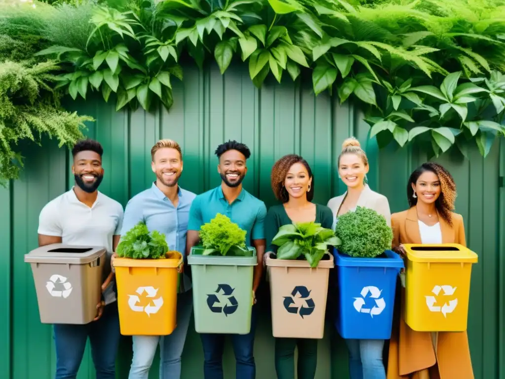 Un grupo diverso de influencers en campañas de reciclaje sostiene contenedores de reciclaje y materiales compostables, rodeados de exuberante vegetación