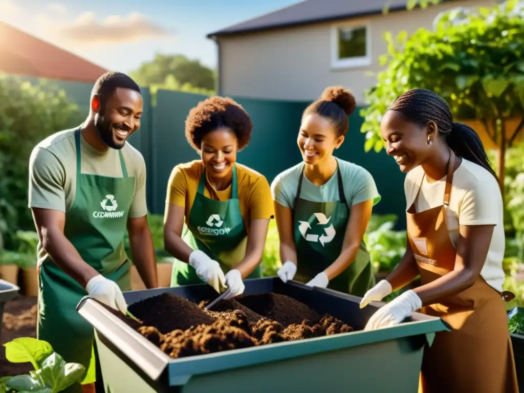 Grupo diverso en un jardín, practicando compostaje en un programa comunitario, creando un ambiente sostenible y sonriente bajo el sol